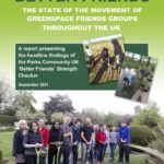 Front cover of the Better Friends "State of the Movement" Report 2021 with a group of greenspace community volunteers posing for a photogaph whilst working in a green space